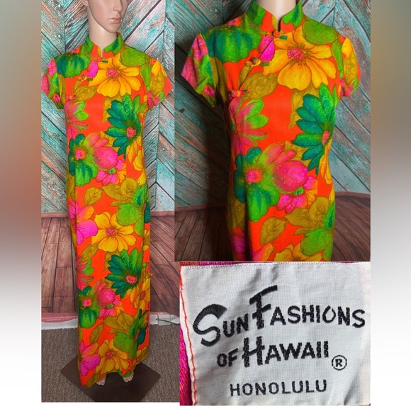 Vintage Sun Fashions Of Hawaii Floral 1970’s Neon Asian Style Dress - Picture 1 of 7